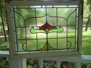 H - 7 - 90 Lovely Large English Transom Style Leaded Stained Glass Window 30 X 22