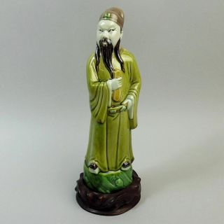 Antique Chinese China Figure Of A Sage On Hardwood Stand Early 19th C
