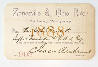 1888 Zanesville & Ohio River Railway Company.  Annual Pass E D Bennett C Andrews