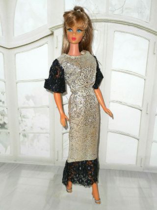 Vintage Barbie Vhtf Mod Clone Silver Evening Dress Black Lace Sleeves Ruffle,