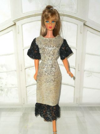Vintage Barbie VHTF MOD CLONE SILVER EVENING DRESS BLACK LACE SLEEVES RUFFLE, 2