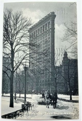 Vintage Antique Postcard Flat Iron Building After Snow Storm N.  Y.  City B&w Photo