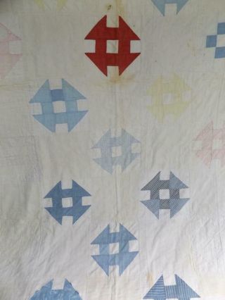 Old Primitive Vintage Hand Stitched Quilt Red White & Blue Anchors Gingham,
