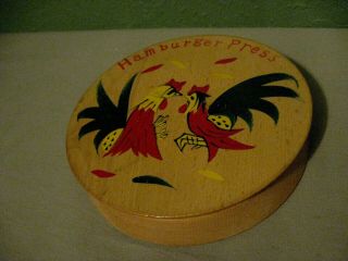 Vtg.  Folk Art Wooden Hamburger Patty Press With Painted Roosters Japan