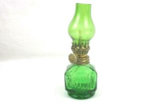 Vintage Miniature Green Glass Oil Lamp Made In Hong Kong 4.  75 Inch Tall