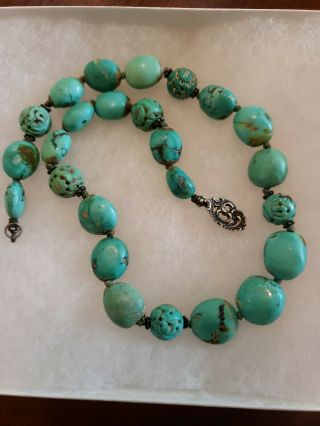 Antique Chinese Natural Carved Turquoise Shou Bead Necklace 54g Sterling Clasp