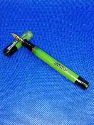 Vintage Green And Black Deco Flat Top Fountain Pen - And Serviced