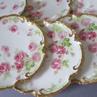 6 Antique Limoges Porcelain Cabinet Plates Gorgeous Pink Roses W Lush Gilt Trim