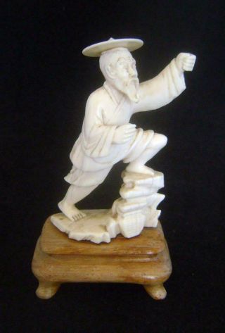Vintage Chinese Carved Figure Man On Wooden Stand C.  1920s,  Statue