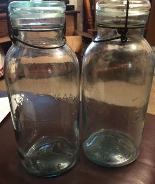 Two Vintage Aqua Lightening Canning Jars Putnam 499trademark Large Both 10” Tall