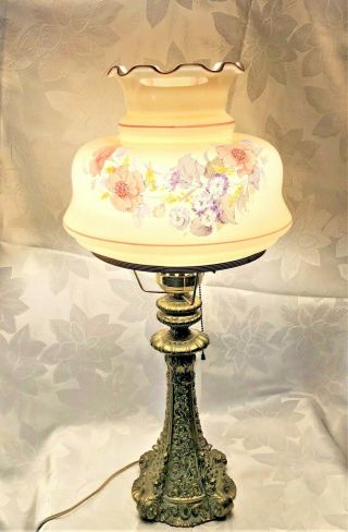Antique Ornate Table Parlor Piano Lamp With Hand Painted Shade