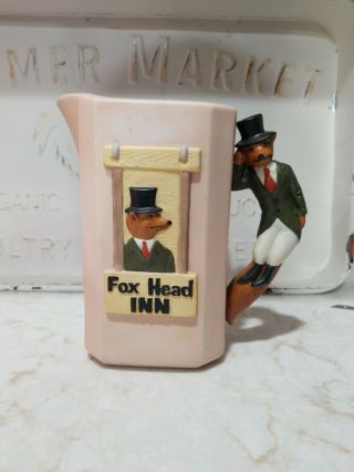 Vintage Jim Beam Fox Head Inn Pitcher Huntsman Handle Porcelain 7 " Tall Pink
