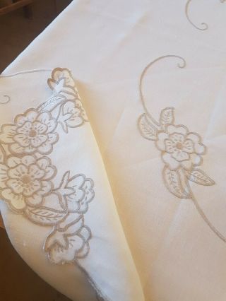 Vintage Embroidered Cream Linen Tablecloth,  Approx 122cm X 165cm