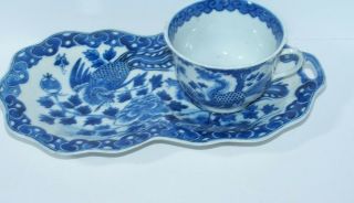 Rare Oriental Chinese Porcelain Blue White Tea Cup Attached Snack Desert Plate