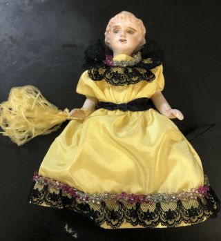 Vintage Antique Nippon Bisque Doll 6 " Strung Beaded Dress Feathers
