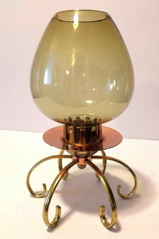 Vintage Copper And Brass Taper Candle Holder With Smoked Glass Globe 10 "