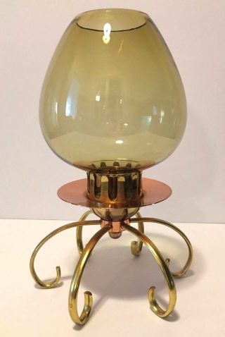 Vintage Copper And Brass Taper Candle Holder With Smoked Glass Globe 10 