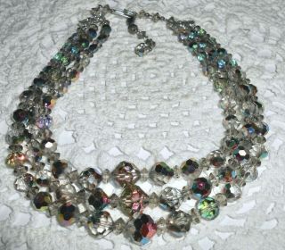 Vintage Gray Ab Aurora Borealis Crystal Bead 3 Strand Choker Necklace N5