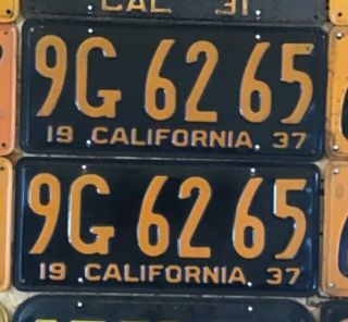 1937 California License Plate - Pair - 9g 62 65 - - Dmv Clear