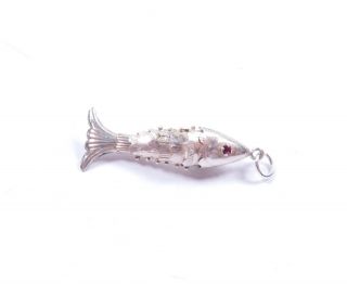 Vintage Silver Charm Small Flexi Fish Red Gem Set Eyes 925 Sterling 0.  9g