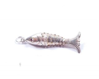 Vintage Silver Charm Small Flexi Fish Red Gem Set Eyes 925 Sterling 0.  9g 3