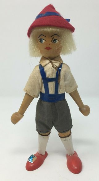 Vintage Wood Male Peg Type Doll With Suspenders & Hat Made In Poland Sticker