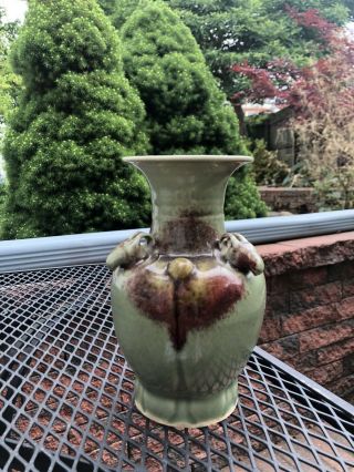 Chinese Celadon Ram Head Handle Vase,  Drill For Lamp
