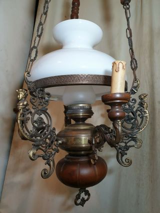 Rare 19th C Antique Art Nouveau Bronze & Mahogany Chandelier Ceiling 4 Light