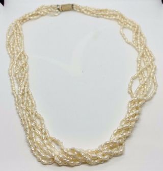 Vintage Gold Tone Twisted Ivory Shell Beaded Necklace Costume Jewelry Vtg