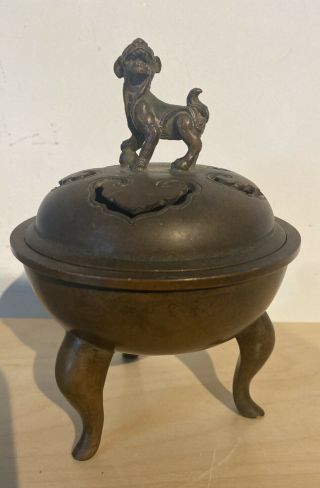 A Chinese Bronze Tripod Lidded Incense Burner With 4 Character Marks Underneath