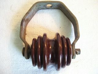Vintage Brown Ceramic Porcelain Electric Line Pulley w/Mounting Bracket Salvaged 3