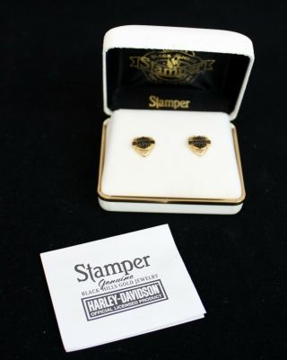 Stamper - 10k 14k Gold Harley Davidson Bar Shield & Heart Post Stud Earrings