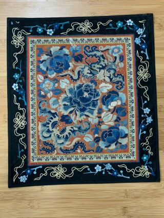Antique Chinese Silk Embroidered Textile W/ 2 Bats & Blue Flowers Decoration