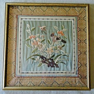 Vintage Chinese Embroidery Silk Framed Picture Of A Bird,  Butterfly & Flowers