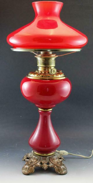 Antique Hand Blown Red Glass & Gilt Metal Table Oil Lamp W/ Shade Electrified