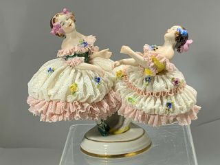 19th Dresden Volkstedt Porcelain Lace Figurine " Double Dancers Twirling "