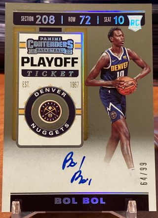 Bol Bol 2019 - 20 Panini Contenders Playoff Ticket Auto /99 Rookie Nuggets Rc 112