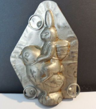Vintage Chocolate Mold - Bunny Riding A Chick - Metal