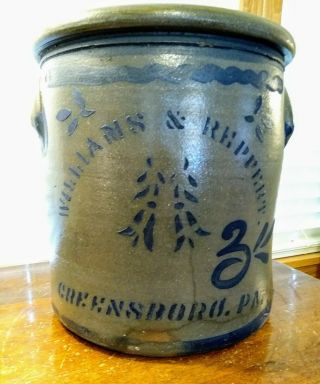 Antique Primitive Williams & Reppert Greensboro Pa.  3g Decorated Stoneware Crock
