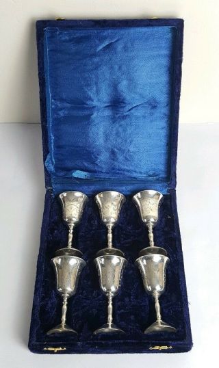 6 X Vintage Silver Plate Epns Etched Sherry Goblets In Blue Velvet Case