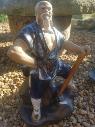 Vintage Oriental Chinese Mud Man With Pick Axe Standing On A Rock Figurine - 25cm