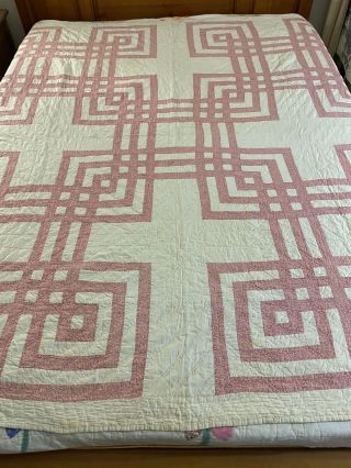 Omg Vintage Handmade Well Quilted Gordian Knot Quilt 77 " X 76 " Red & White 571