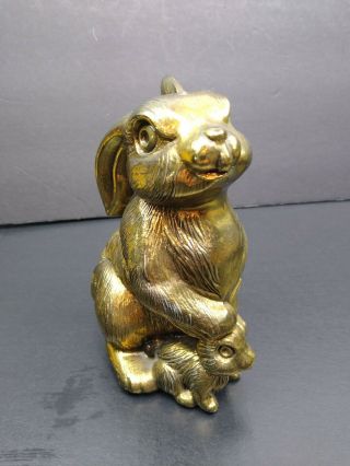 Vintage Bunny Rabbit Metal Brass Finish Figurine Paperweight Easter Mother Baby