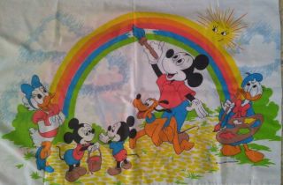 Walt Disney Vintage Standard Pillowcase Mickey Mouse Donald Duck Pluto Rainbow