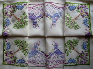 Lovely Vintage Linen Tablecloth Crinoline Ladies Flowers Hand Embroidered 42 " Sq