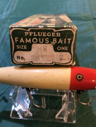 Vintage PFLUEGER PALOMINE 6096 Red/White Wood Fishing Lure W/Box Tackle Find 2