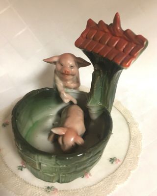 Antique German Pink Pig Porcelain Fairing Figurine Pair Bathing In Tub