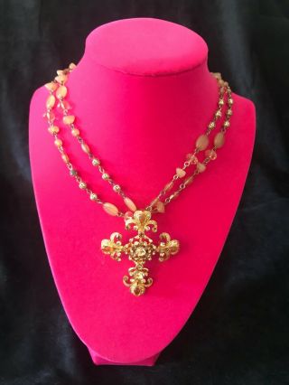 Vintage Gold Tone & Umber Crystals Ornate Cross Pendant W/beaded Necklace