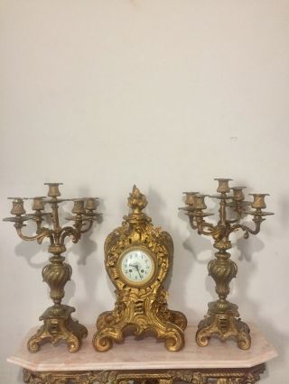 French Gilt Bronze Rococo Clock Set Garniture