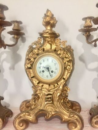 French Gilt Bronze Rococo Clock Set Garniture 2